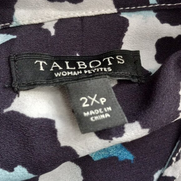 Talbots 2XP Artsy Print Blouse Multicolor Cream Black Blue Roll-Tab Sleeves - Picture 7 of 8